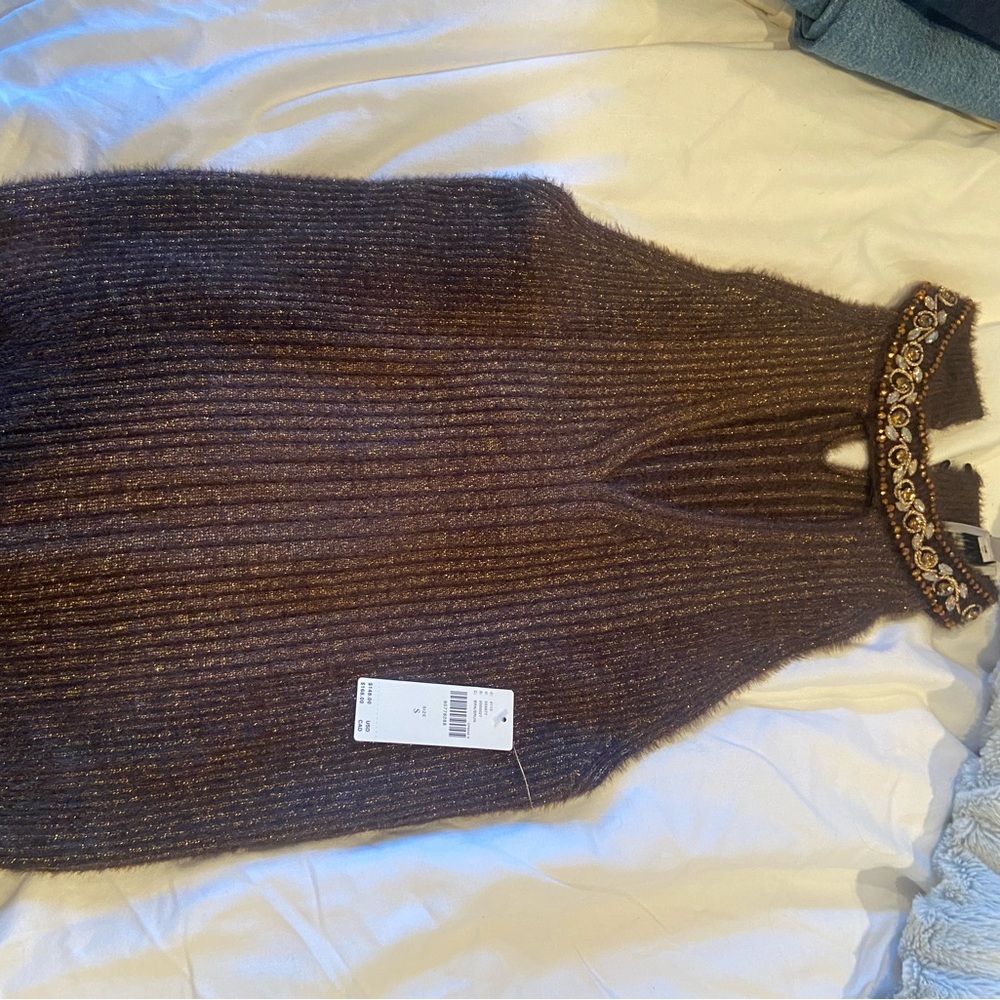 Anthro Brown Sleeveless Sweater with Embellished Collar